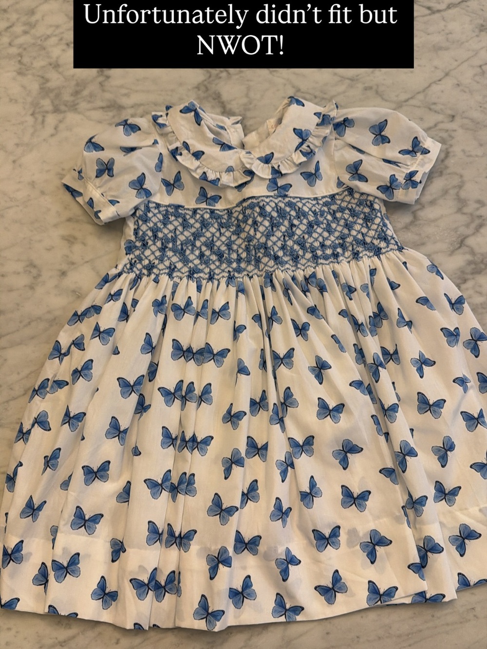 White & Blue Butterfly Smocked Girls' Dress